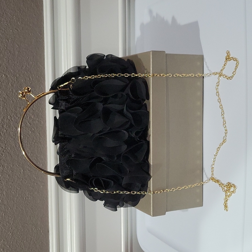 SOLD Black Ruffled Handbag with gold handles and chain - Picture 6 of 9